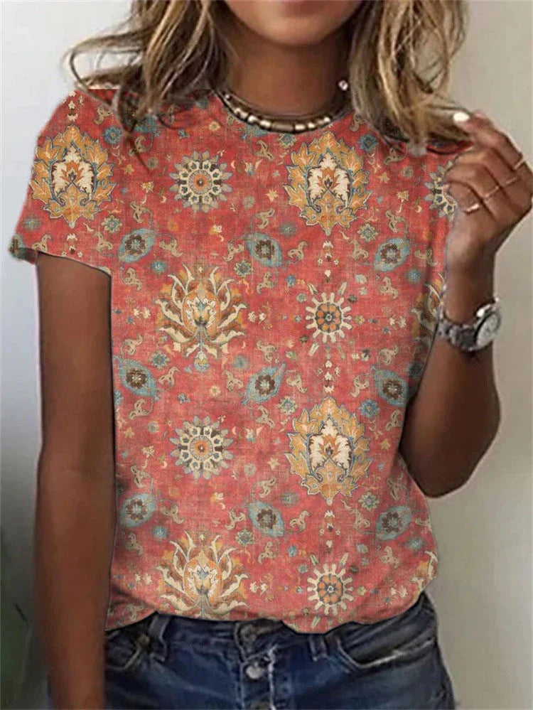 Round Neck Digital Print Short Sleeve Loose Women's T-Shirt - VAleG