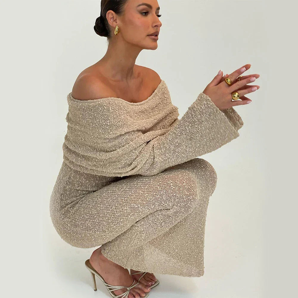 New One-shoulder Knitted Long-sleeved Dress Sexy Beach Holiday Long Dresses Womens Clothing - VAleG