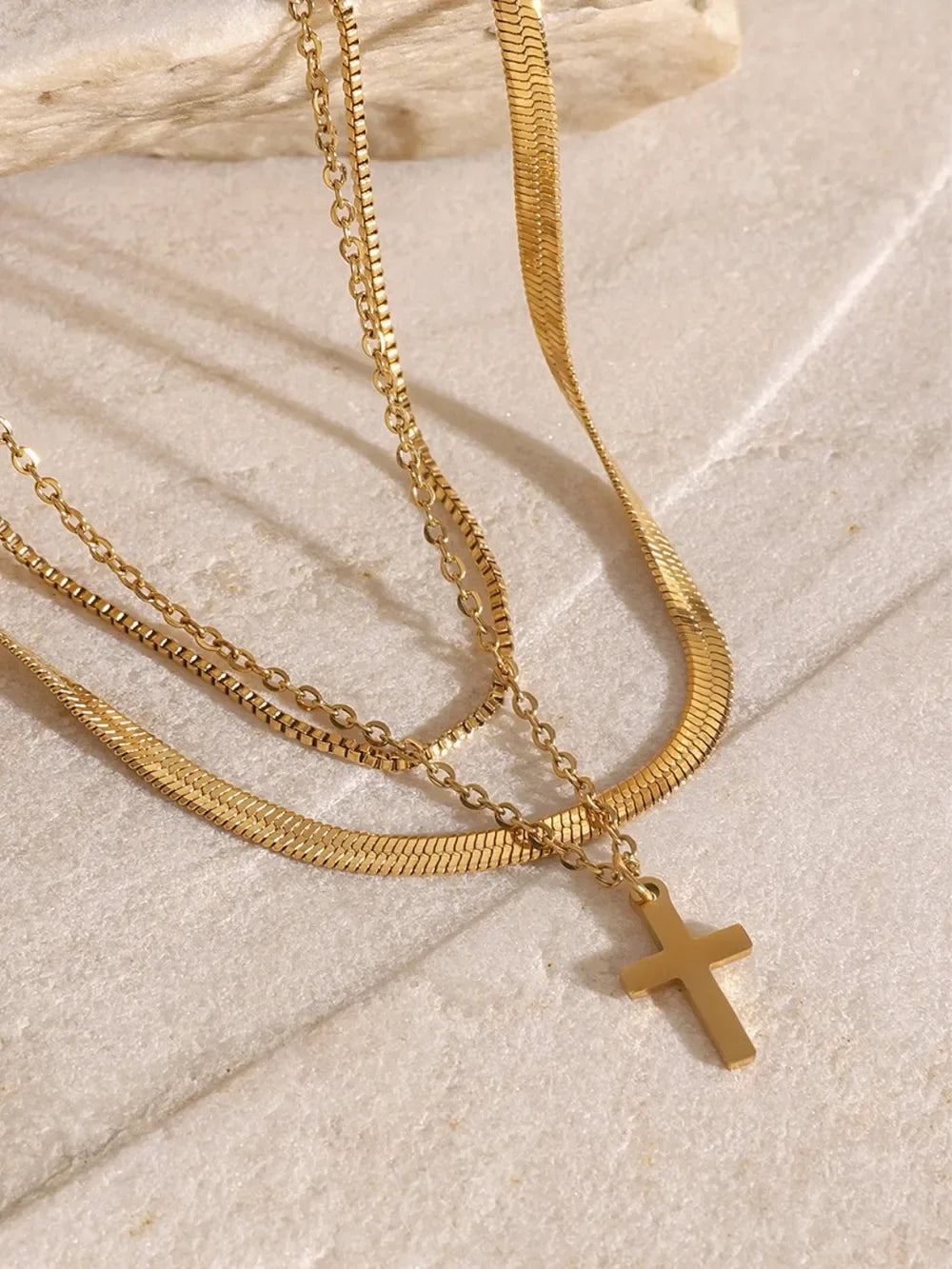 18K Gold-Plated Three-Layered Cross Necklace - VAleG