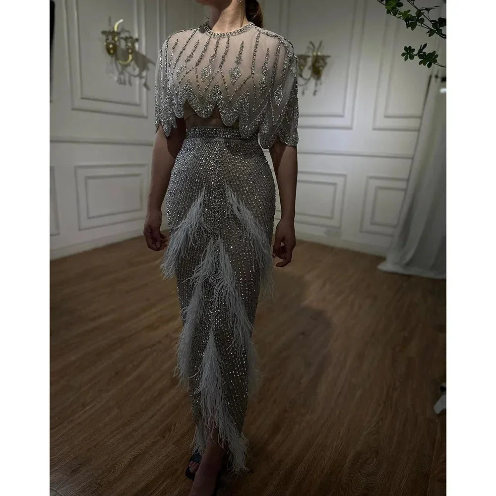 European And American Silver Nude Slim-fit Feather Shawl Host Performance Ladies' Evening Dress - VAleG