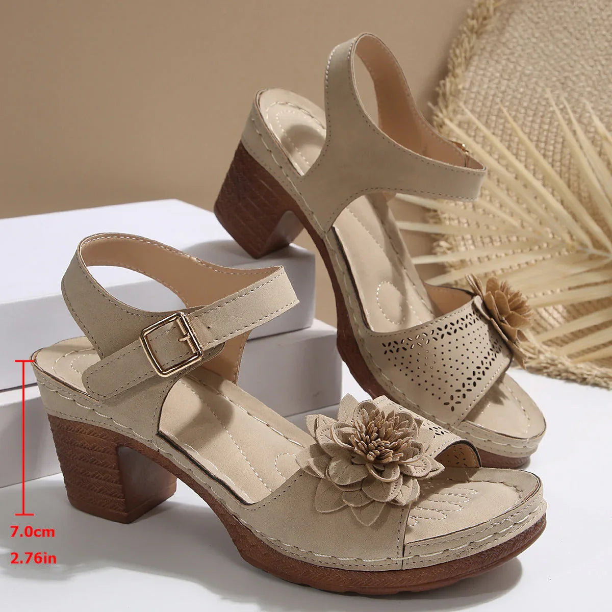 Women's Flowers Chunky Heel Sandals Summer Plus Size Platform Shoes - VAleG