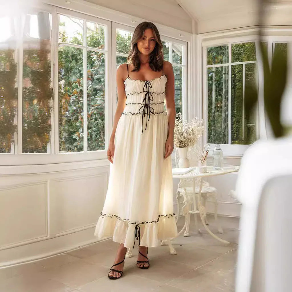 Summer Suspender Spaghetti Strap Long Dresses With Bow Pleat Design Fashion Sweet Bow Beach Dress For Womens Clothing - VAleG