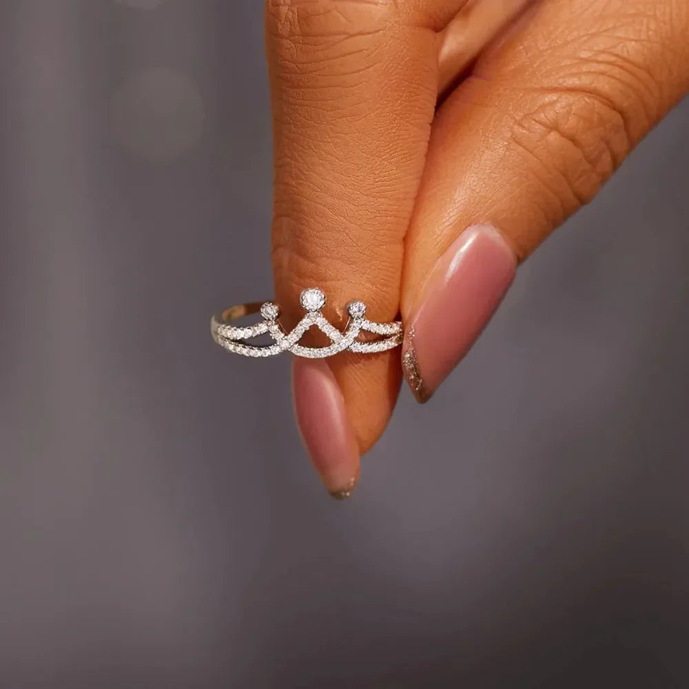 Crown Shape Inlaid Zircon 925 Sterling Silver Ring - VAleG
