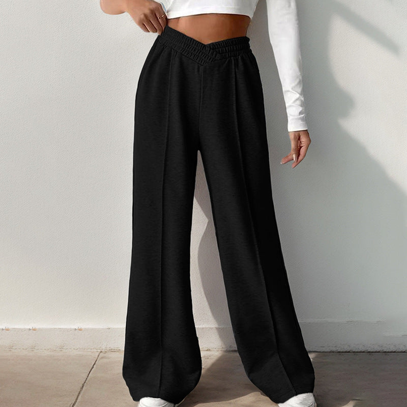Pantaloni casual a gamba larga a vita alta a colore puro da donna