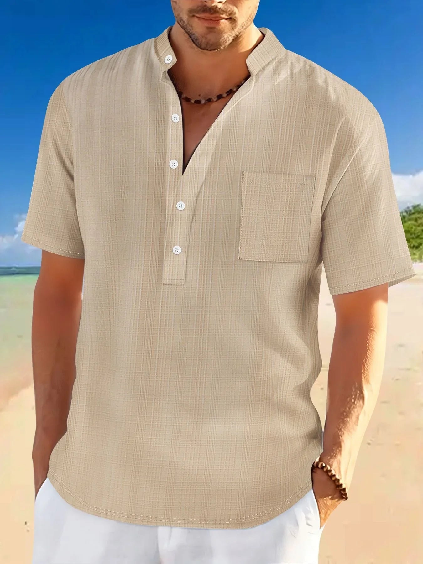 Stand Collar Short Sleeve Loose Leisure Vacation Henley Shirt - VAleG
