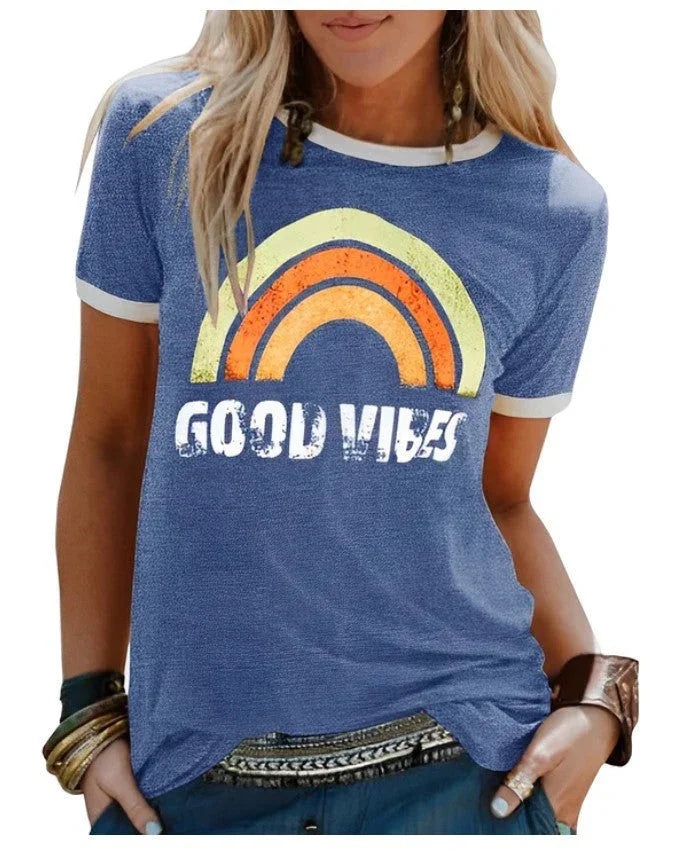 Women's Printed Round Neck Short Sleeve T-shirt - VAleG