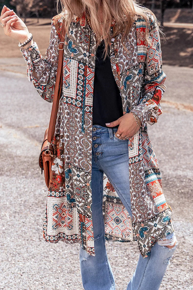 Printed Beach Cardigan Long Sleeve Top - VAleG