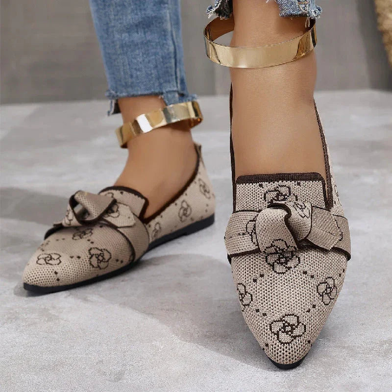 Plus Size Flyknit Flat Low-cut Shoes Female Pointed-toe Bowknot Boat Shoes - VAleG