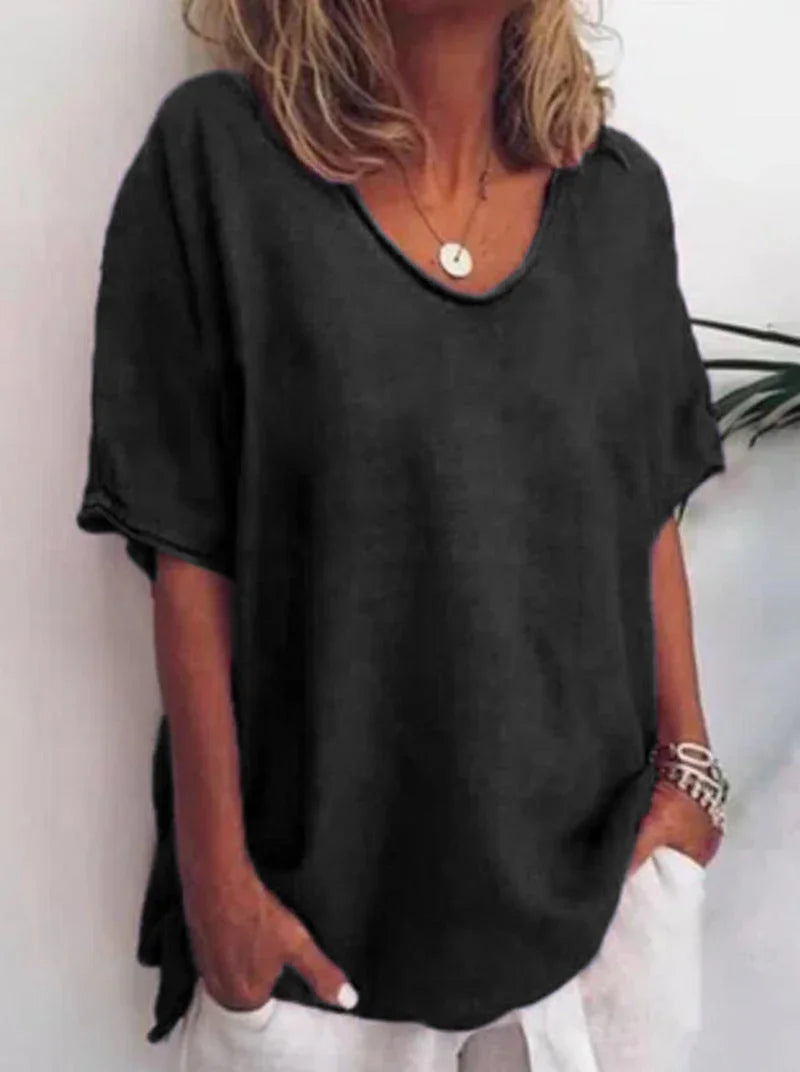 Cotton And Linen Solid Color Short-sleeved T-shirt Women's Casual Coat - VAleG