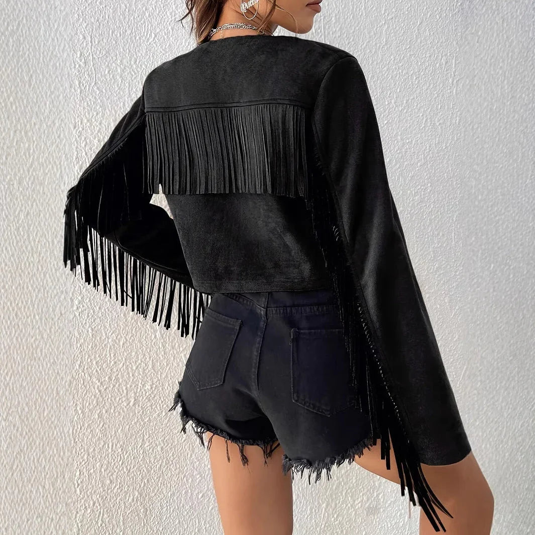 Women's Fashion Solid Color Tassel Rivet Design Front Open Short Jacket - VAleG
