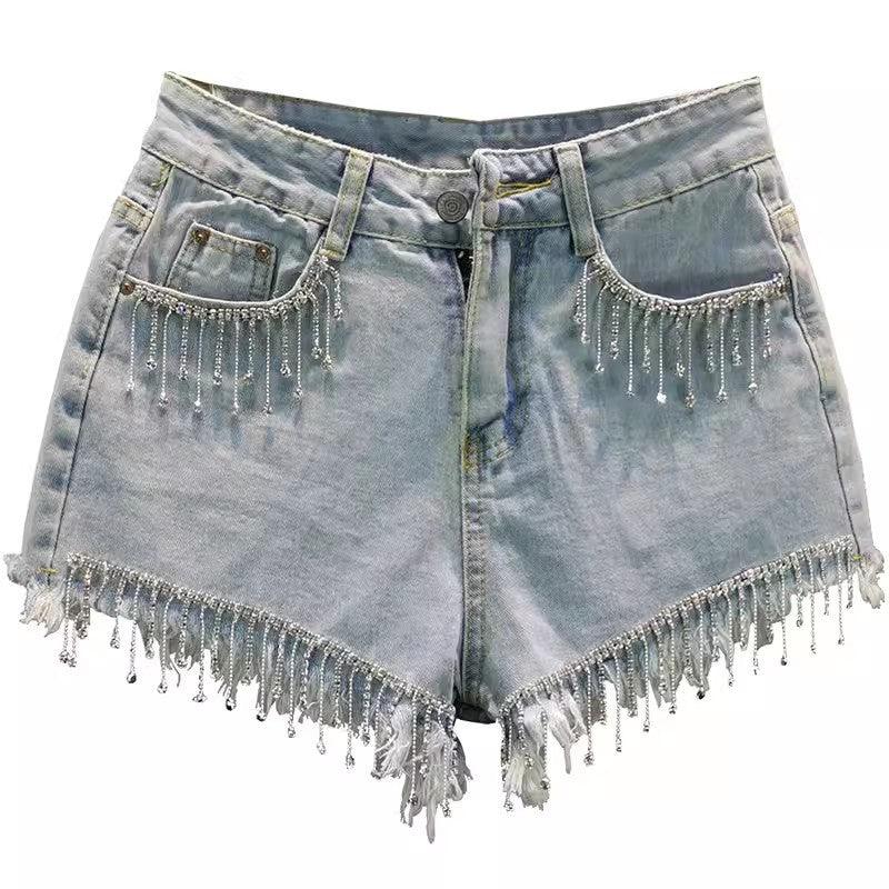Summer High Waist Slimming Edging Heavy Industry Rhinestone Tassel Denim Shorts - VAleG