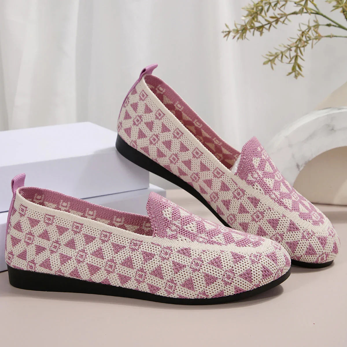 Printed Round Toe Flat Shoes Fashion Casual Hollow Breathable Knitted Shoes Loafers For Women - VAleG