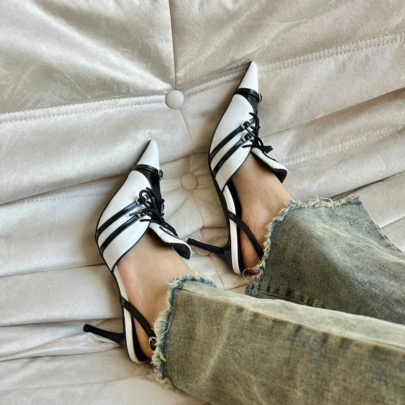Retro Pointed Stiletto Heel Hollow Patent Leather Sandals For Women - VAleG