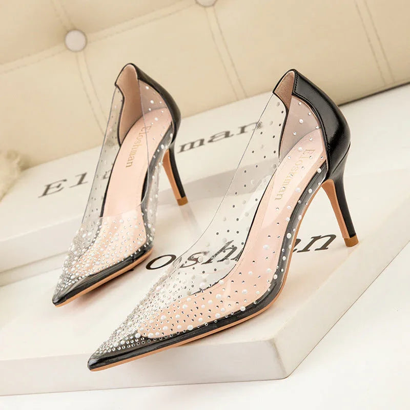 Transparent Cutout Pearl Shining Rhinestone Women's Shoes - VAleG