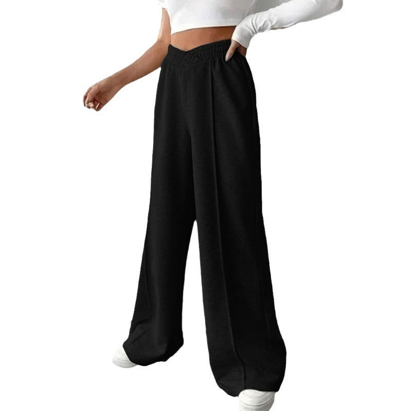 Pantaloni casual a gamba larga a vita alta a colore puro da donna