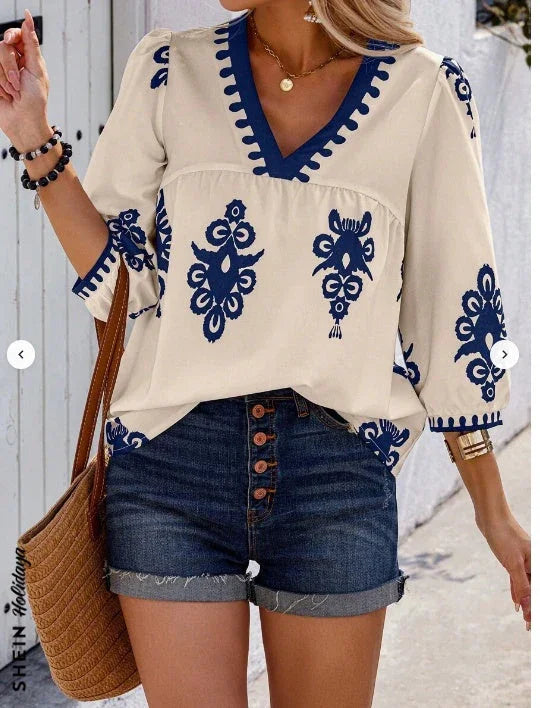 Holidaya Random Print V-Neck Casual Vacation Shirt For Women - VAleG