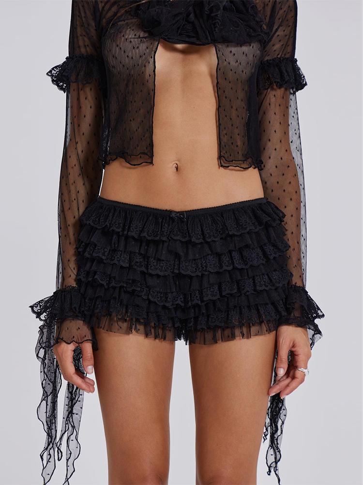 Black Polka Dot Lace Layered Casual Shorts - VAleG