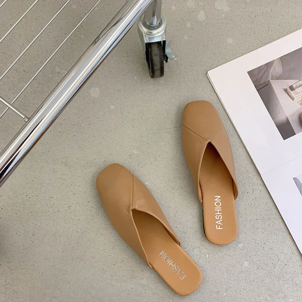 Square Toe Cap Half Slippers Women's Flat Plus Size Sandals - VAleG