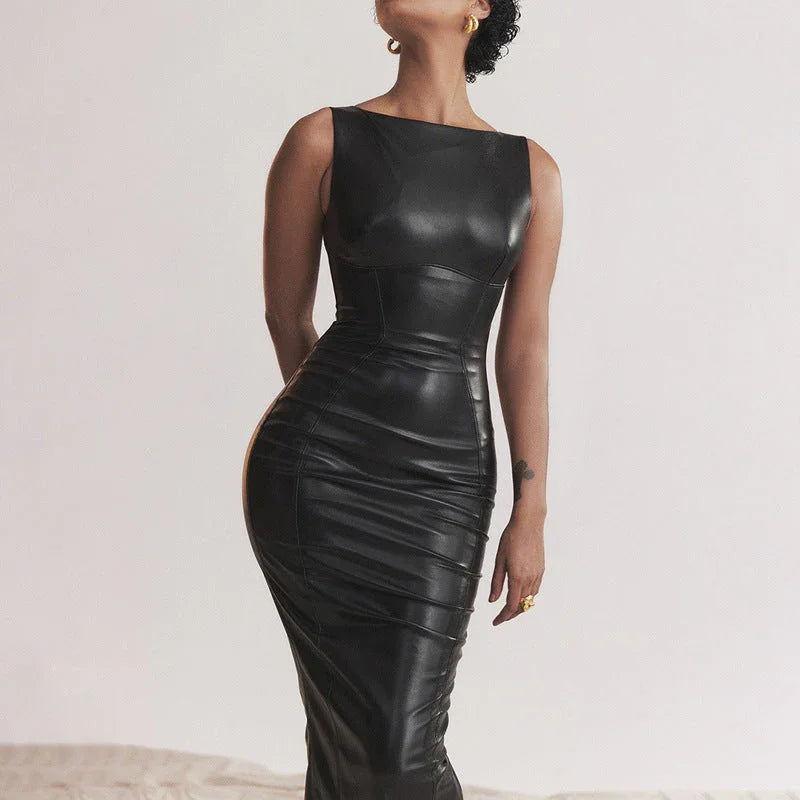 European And American Style Women Dress Autumn New PU Leather Skirt Amazon Split Long Dress - VAleG