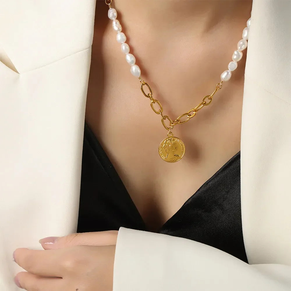 Coin pendant Pearl Titanium Steel Necklace - VAleG