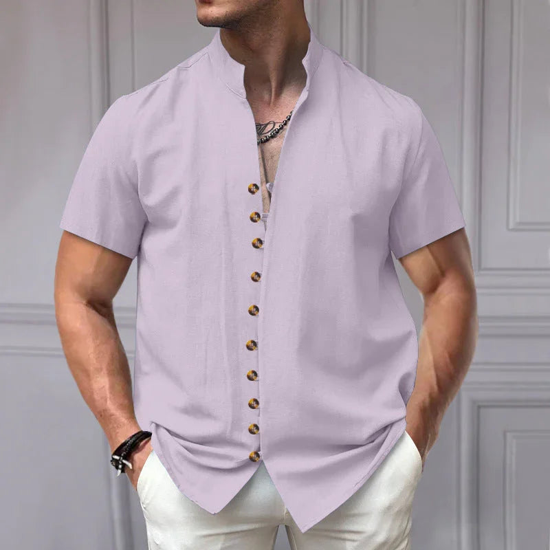 Linen Button Stand Collar Short Sleeve Shirt - VAleG