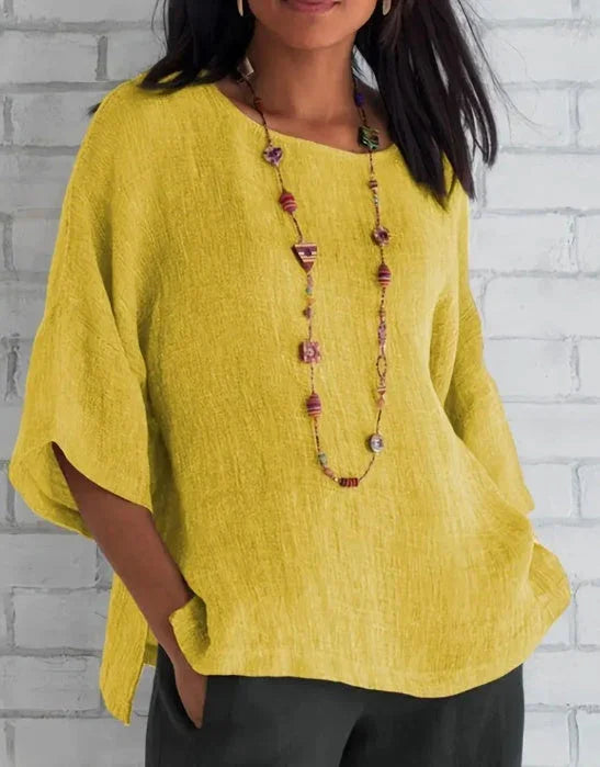 Women Fashion Casual Shirts Solid Color 3 4 Sleeve Round Neck Blouses Summer Loose Tops Streetwear - VAleG