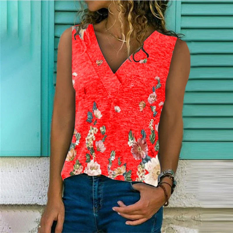 Trendy Vest Amazon Explosive Base Shirt V-neck Loose Printed Top Vest - VAleG