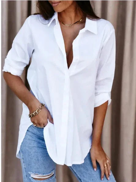 Autumn Simplicity Long Sleeve V-neck Buttons Women's Shirt - VAleG