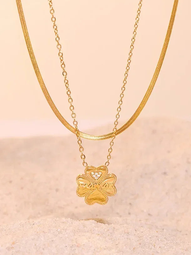 2 Piece 18K Gold-Plated Inlaid Zircon Lucky Clover Necklace - VAleG