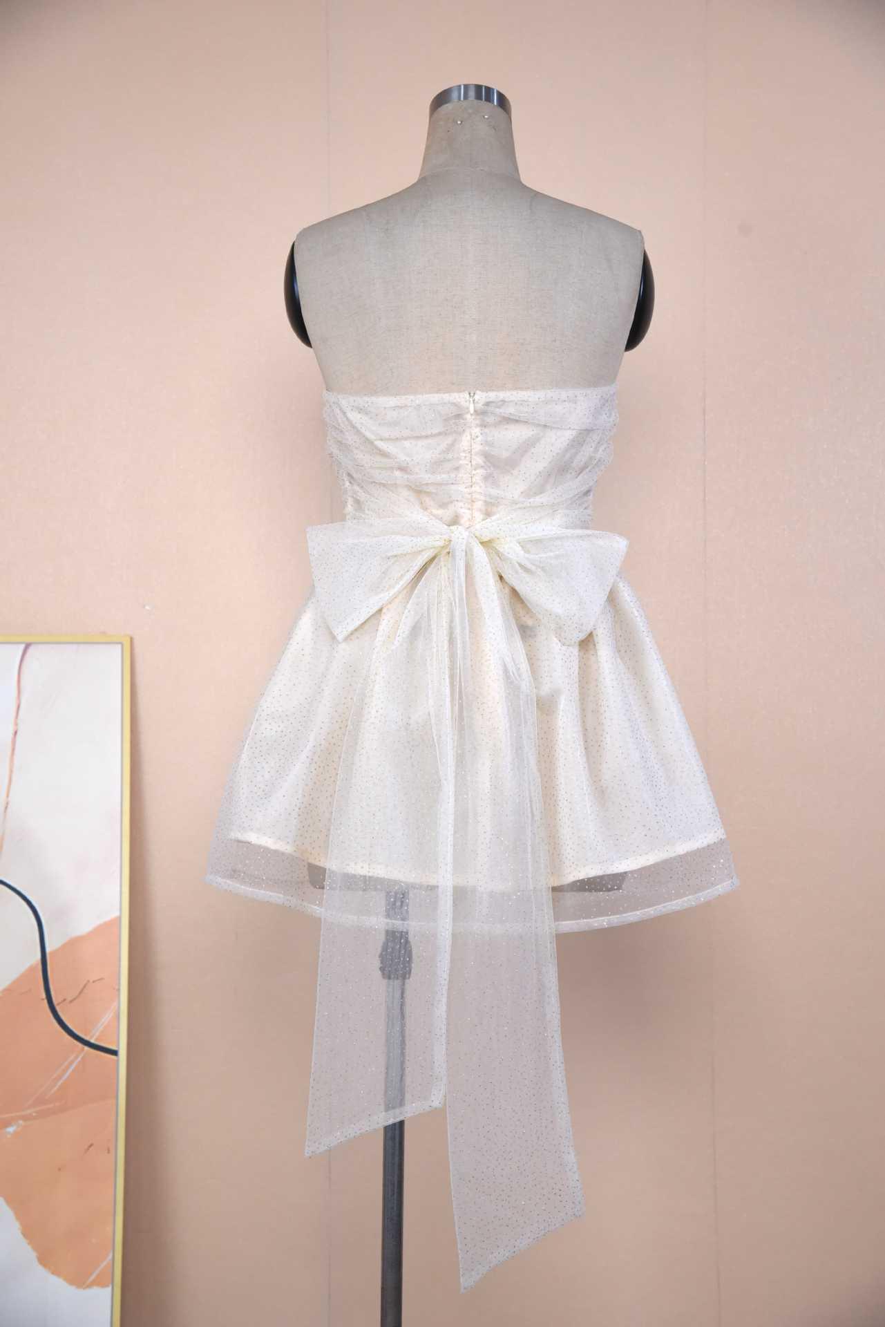 Tube Top Lace Dress With Back Bow-knot Summer Fashion Temperament Mesh Stitching Off-neck Short Skirt - VAleG