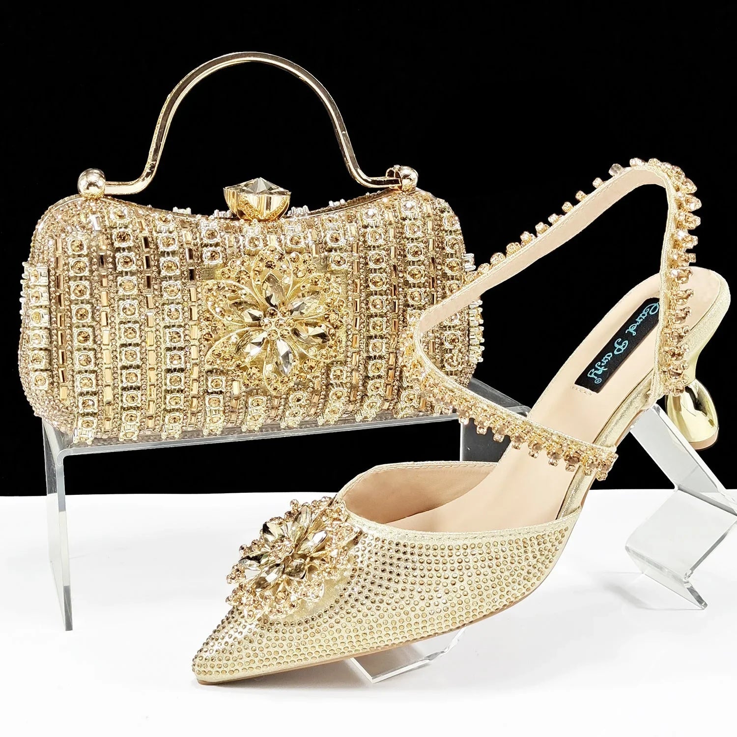 Sexy Women's Shoes And Bags Suit Drill Buckle Flower Decorative Ankle Drill Chain With Hard Clutch - VAleG