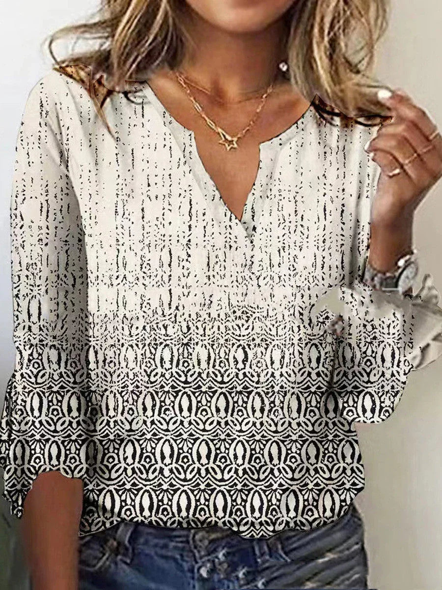 V Neck Printed Flare Sleeve T Shirt - VAleG