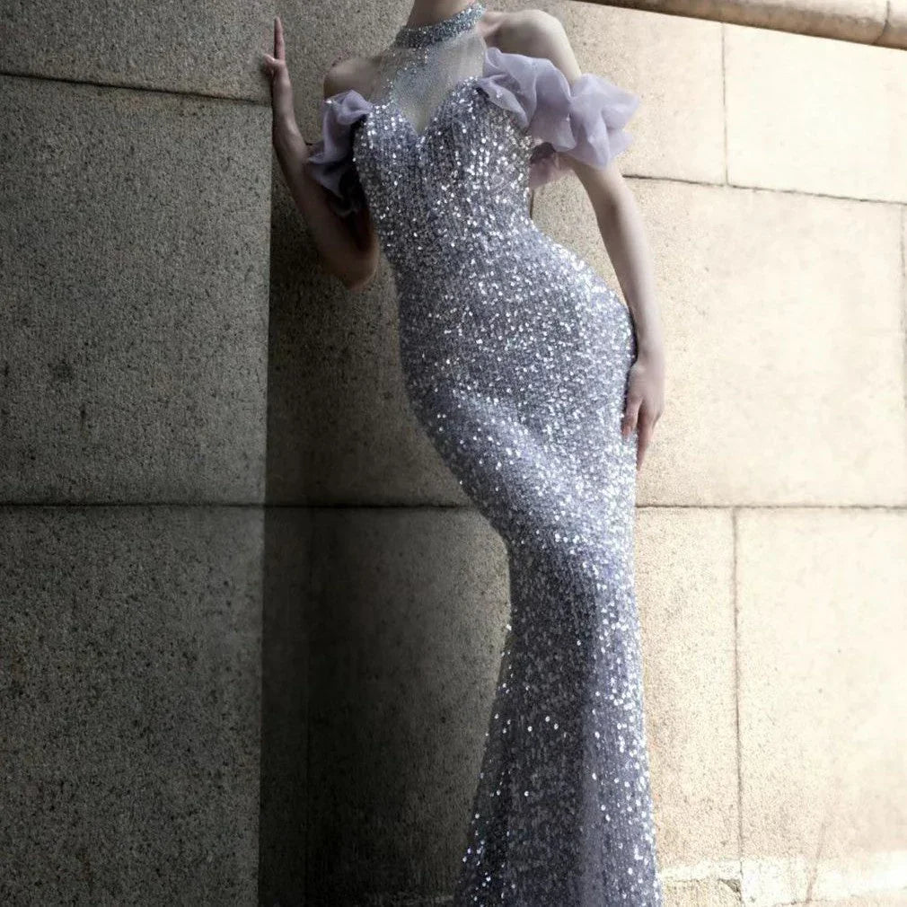 Purple Host Starry Sky Annual Meeting Beaded Toast Dress Halter Model Catwalk Fishtail - VAleG