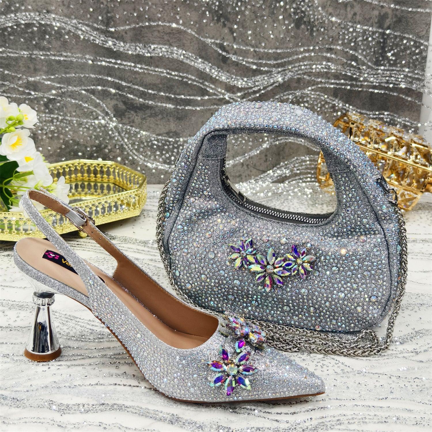 Pointed Toe High Heel Rhinestone Flower Shoes With Handbag Soft - VAleG