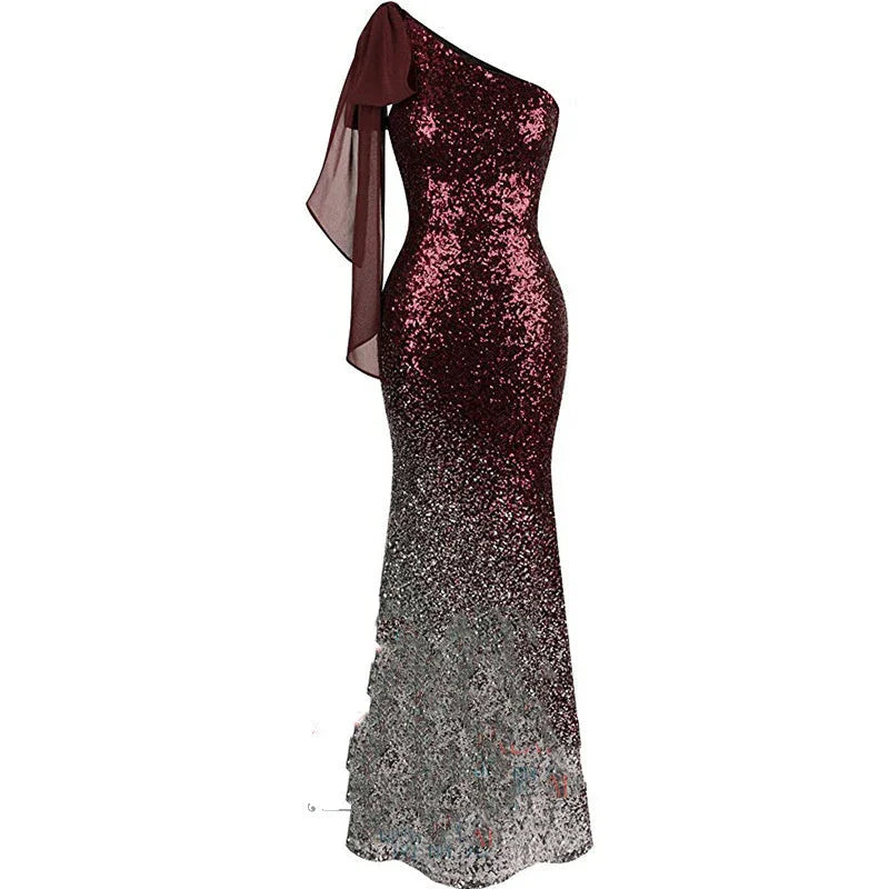 One Shoulder Fishtail Sequin Slim Fit Evening Dress - VAleG