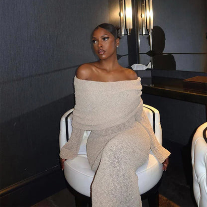 New One-shoulder Knitted Long-sleeved Dress Sexy Beach Holiday Long Dresses Womens Clothing - VAleG