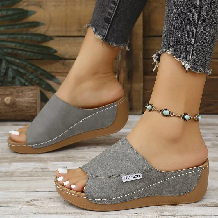 Summer Wedge Slides Slippers Fashion Fish Mouth Thick Bottom Roman Shoes Solid Color Beach Sandals For Women - VAleG