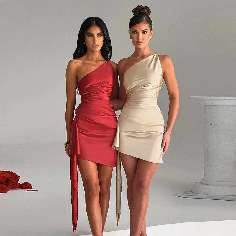 One-shoulder Sleeveless Mini Dress Sexy Slim Backless Skirt Party Wedding Dresses Womens Clothing - VAleG