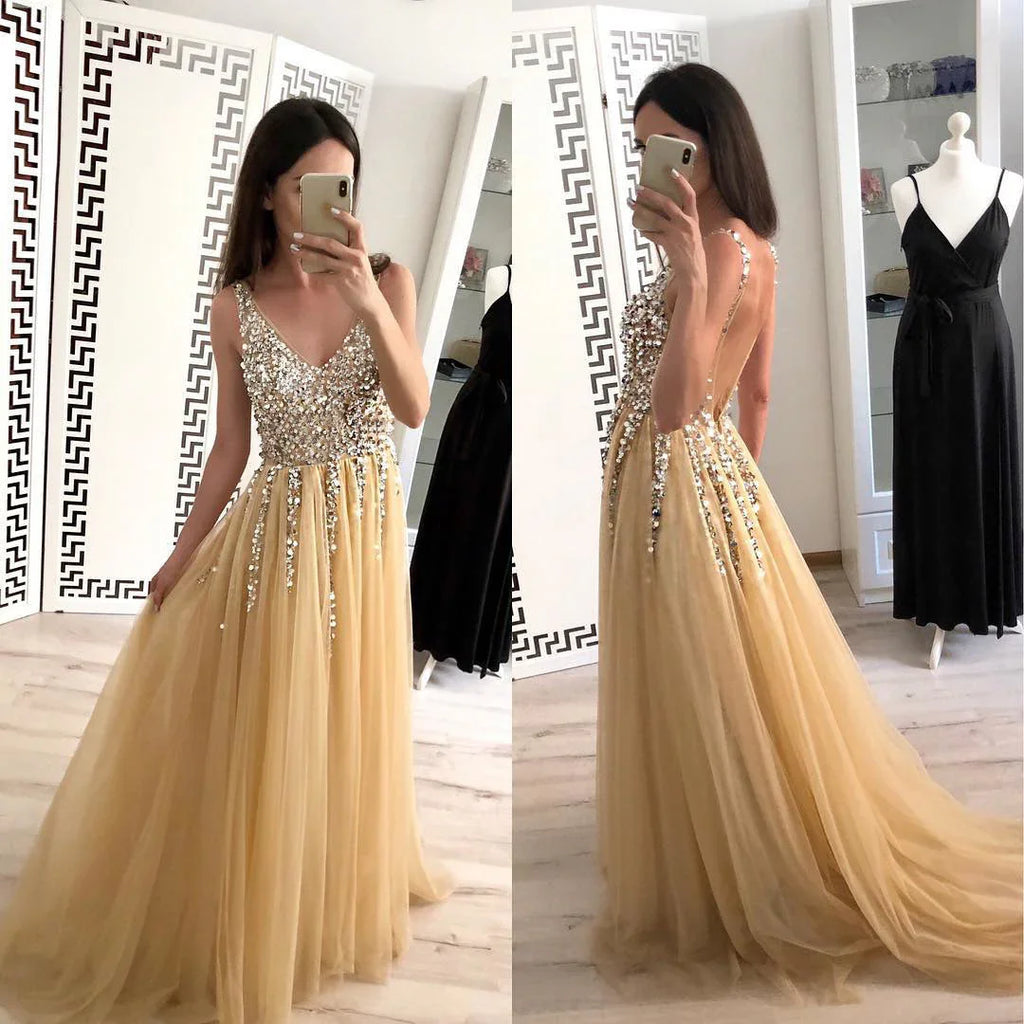 Hot Sale Front And Back V-neck Sequined Floor-length Dovetail Dress - VAleG