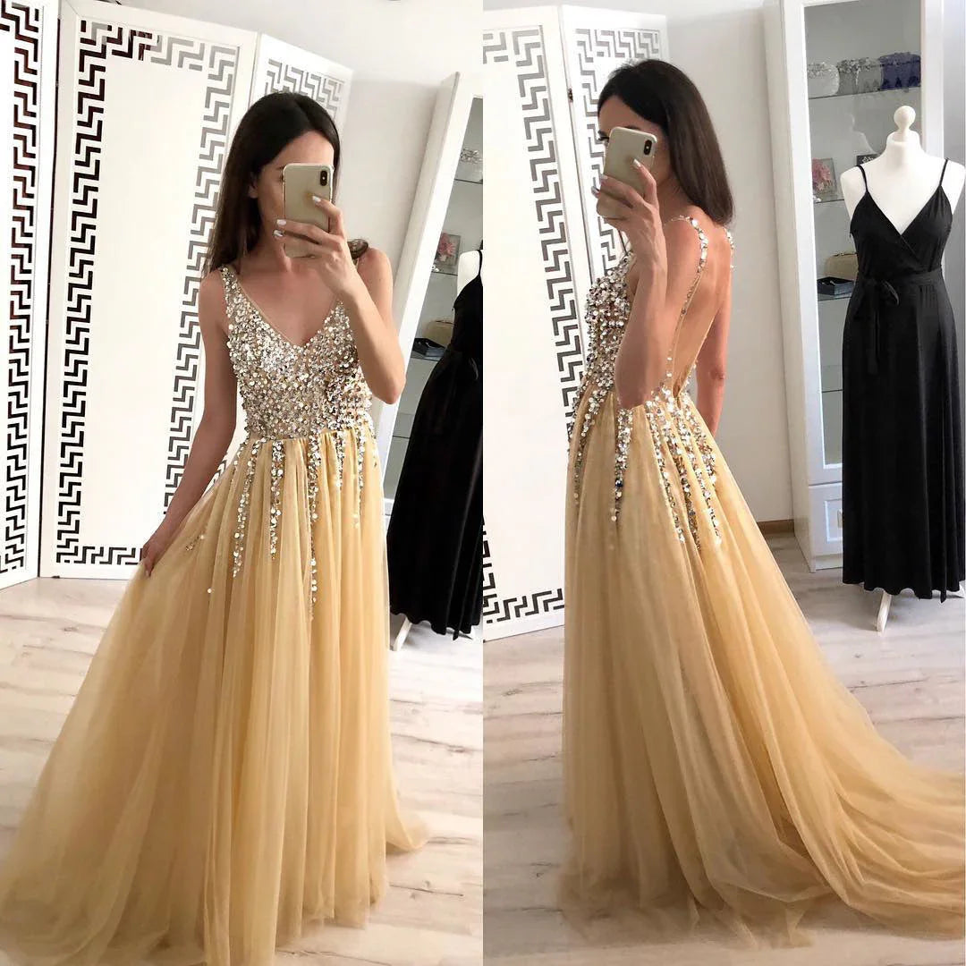 Hot Sale Front And Back V-neck Sequined Floor-length Dovetail Dress - VAleG