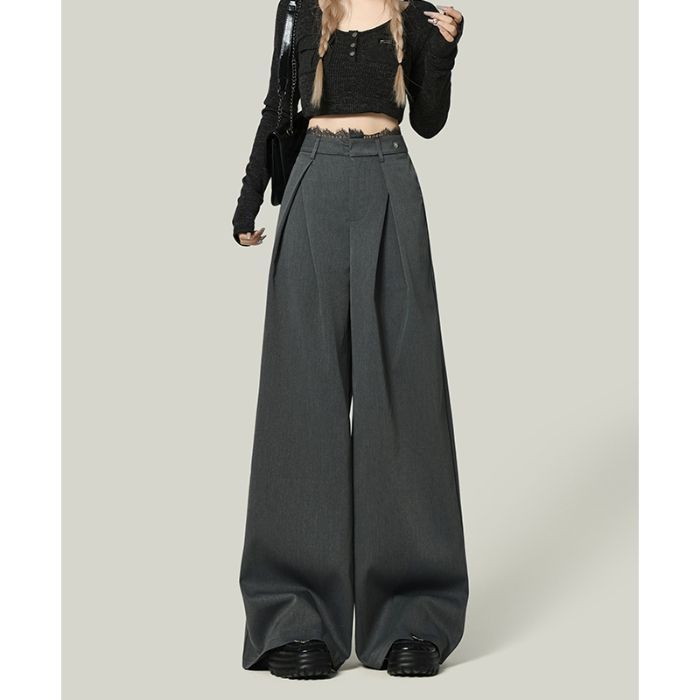Pantaloni casual a gamba larga con cuciture in pizzo nero da donna