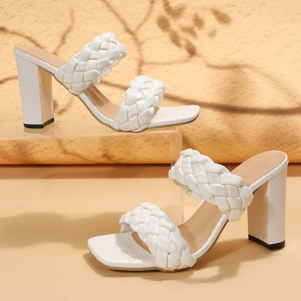 Square Toe Flip-flops Chunky Heel Woven Twisted Slippers - VAleG
