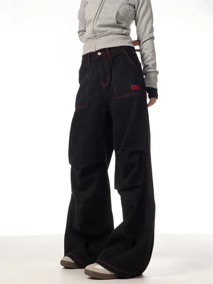 Contrasting Color Of Black And Red Workwear With Pocket Trousers - VAleG