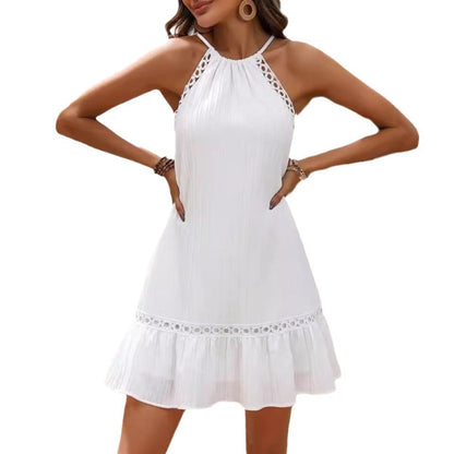 European And American Summer Women's Halter Lace-up Lace Stitching Jacquard Dress - VAleG