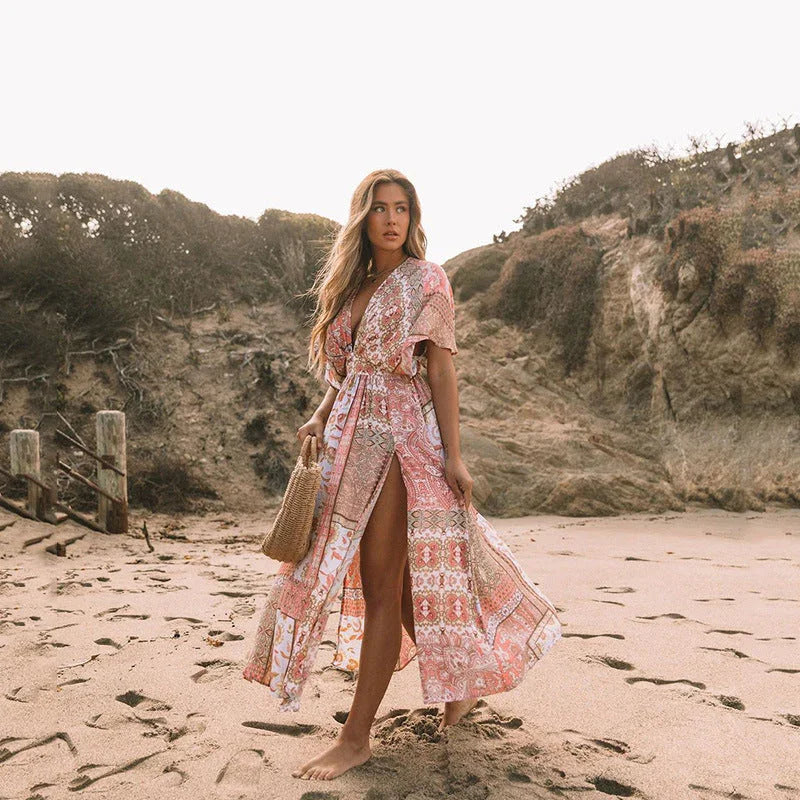 Women's Flowers Printed Dress Bohemian Irregular Beach Clothes - VAleG