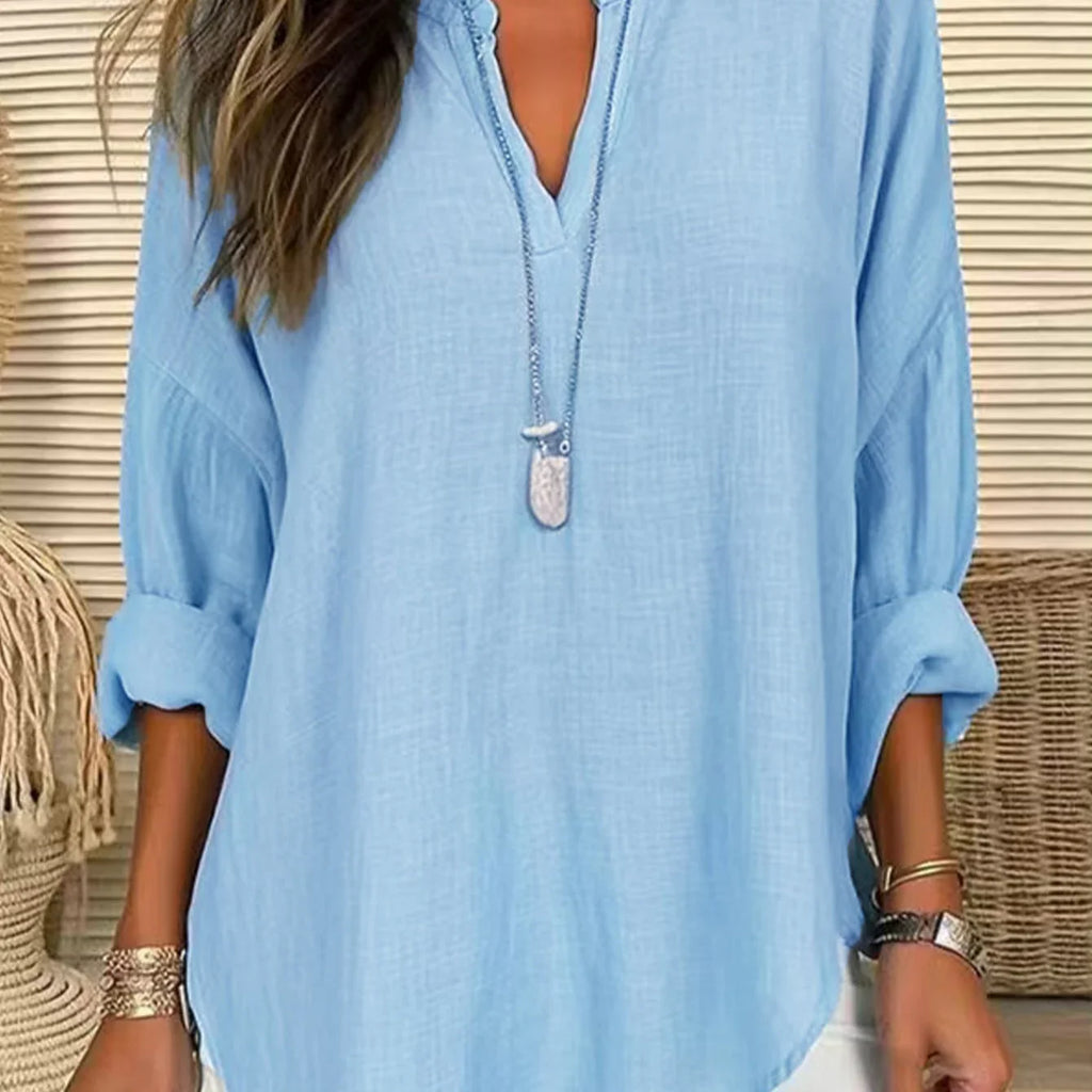 Women's Casual V-neck Cotton And Linen Solid Color Shirt - VAleG