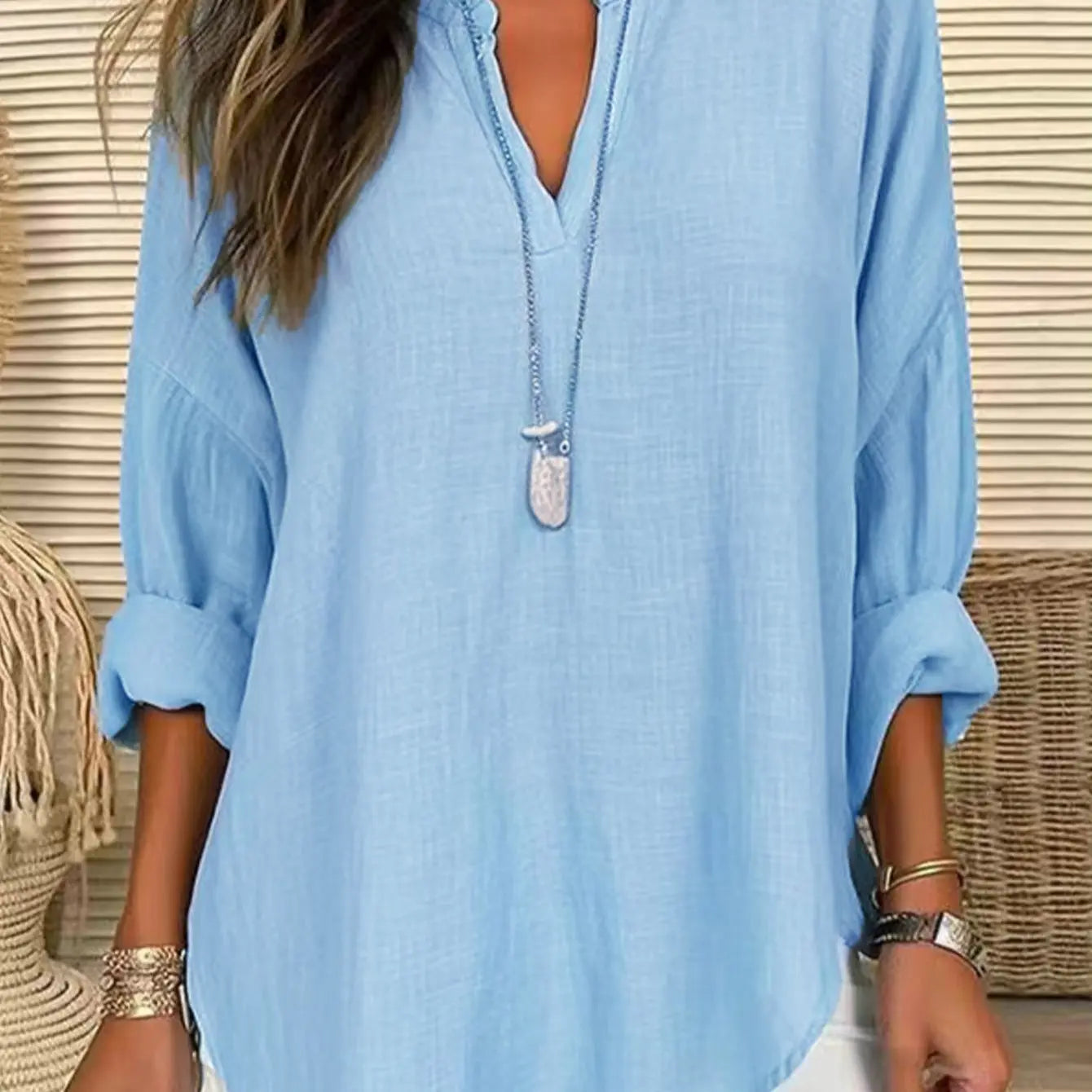 Camicia casual da donna in cotone e lino tinta unita con scollo a V VAleG