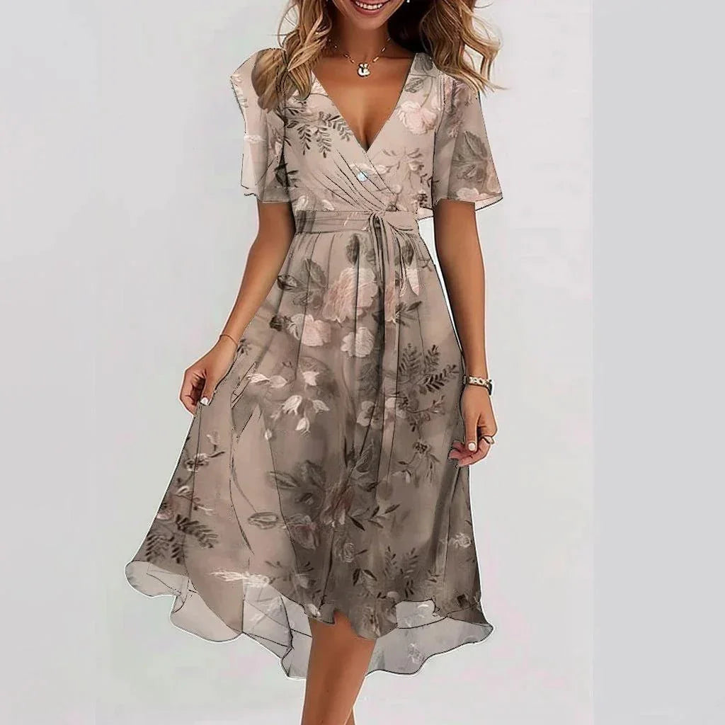 Chiffon Printed Short Sleeve Dress Summer Elegant V-neck Dresses Womens Clothing - VAleG