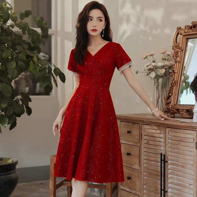 Toast Dress Bride Wine Red Wedding Dress Engagement Back Door Dress - VAleG