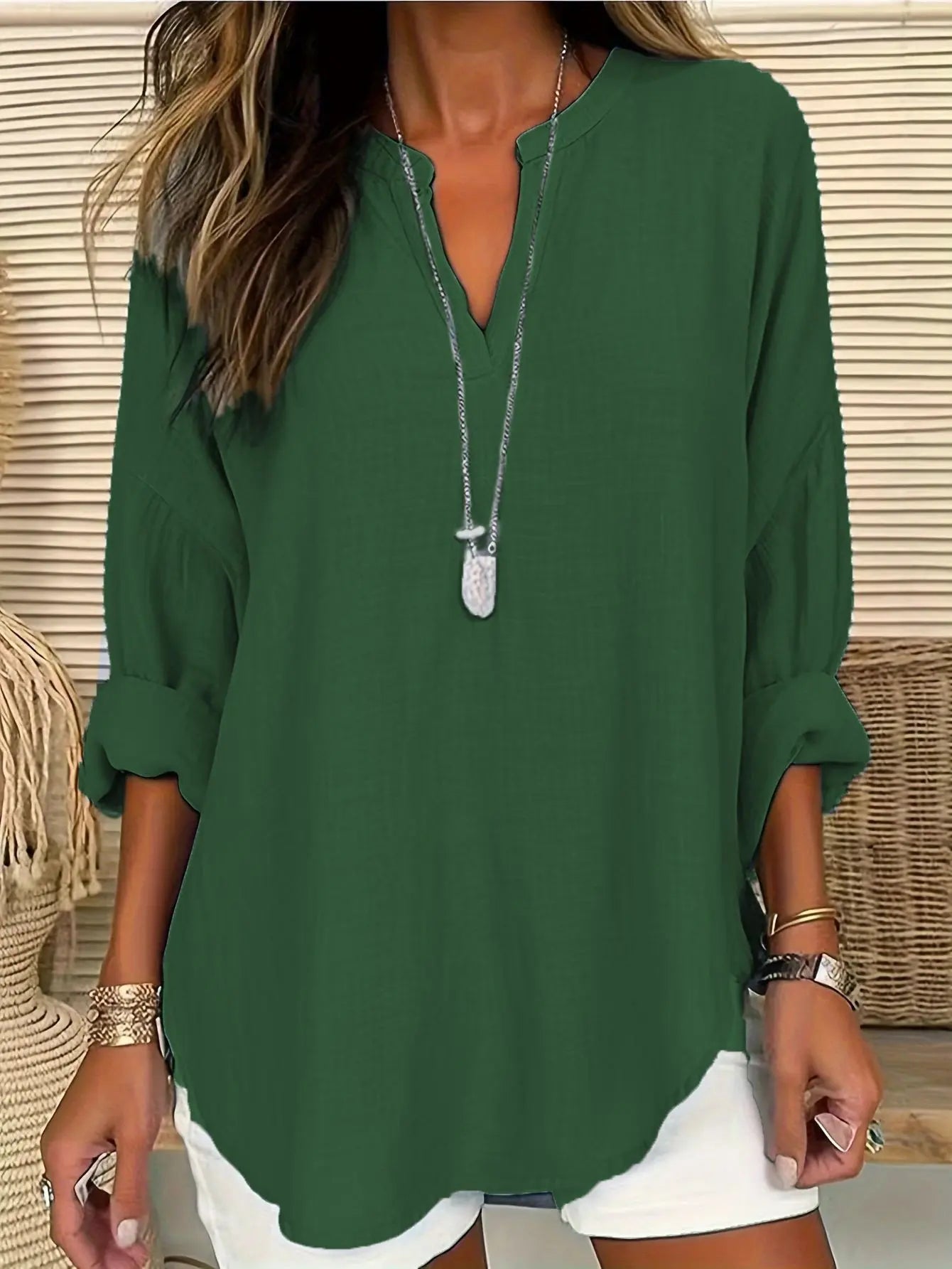 Camicia casual da donna in cotone e lino tinta unita con scollo a V VAleG